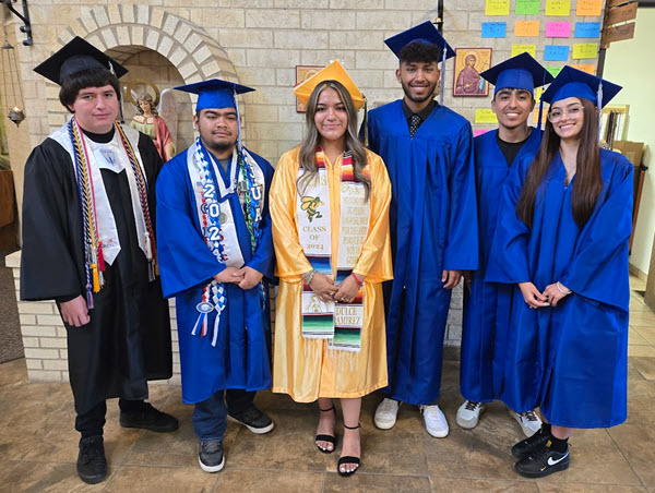 The above header picture depicts 2024 graduates posing for a photo with Fr. Steve and Deacon Ed after the graduates' mass on Sunday, May 26 (The solemnity of The Most Holy Trinity)